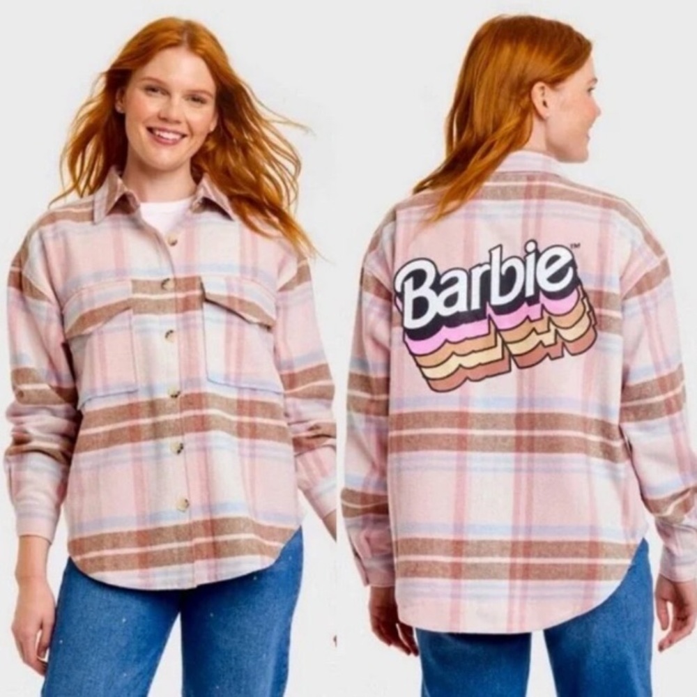 Barbie Women’s 1X & 3X Graphic Shacket Pink Plaid button down NEW